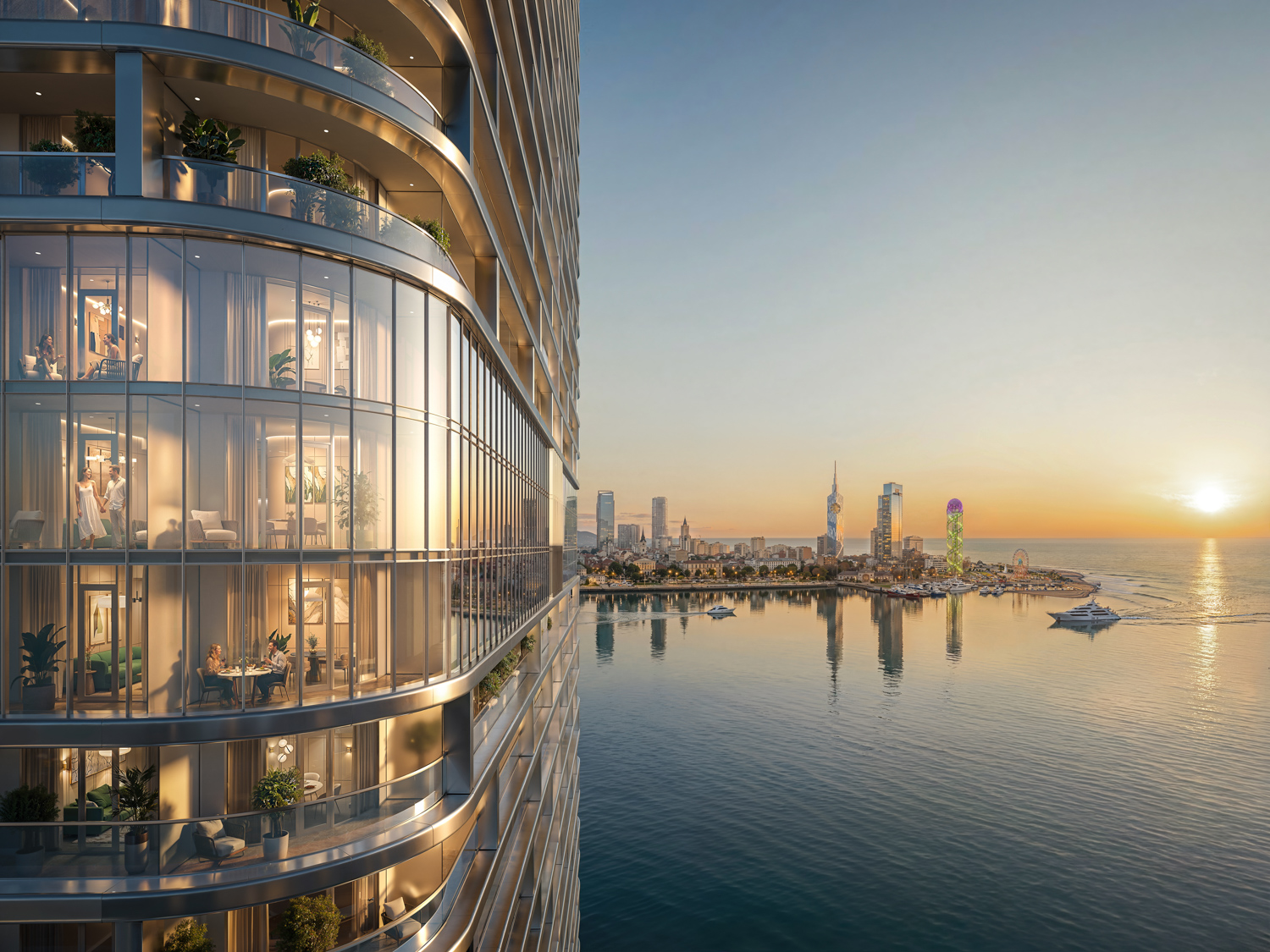 Ambassadori Island facade rendering at dusk with curved glass details - Batumi, Georgia