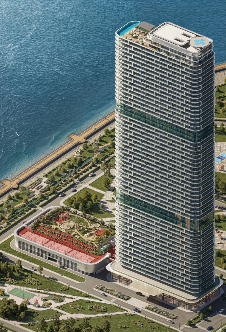 Ambassadori Island daytime tower rendering with waterfront greenery - Batumi, Georgia