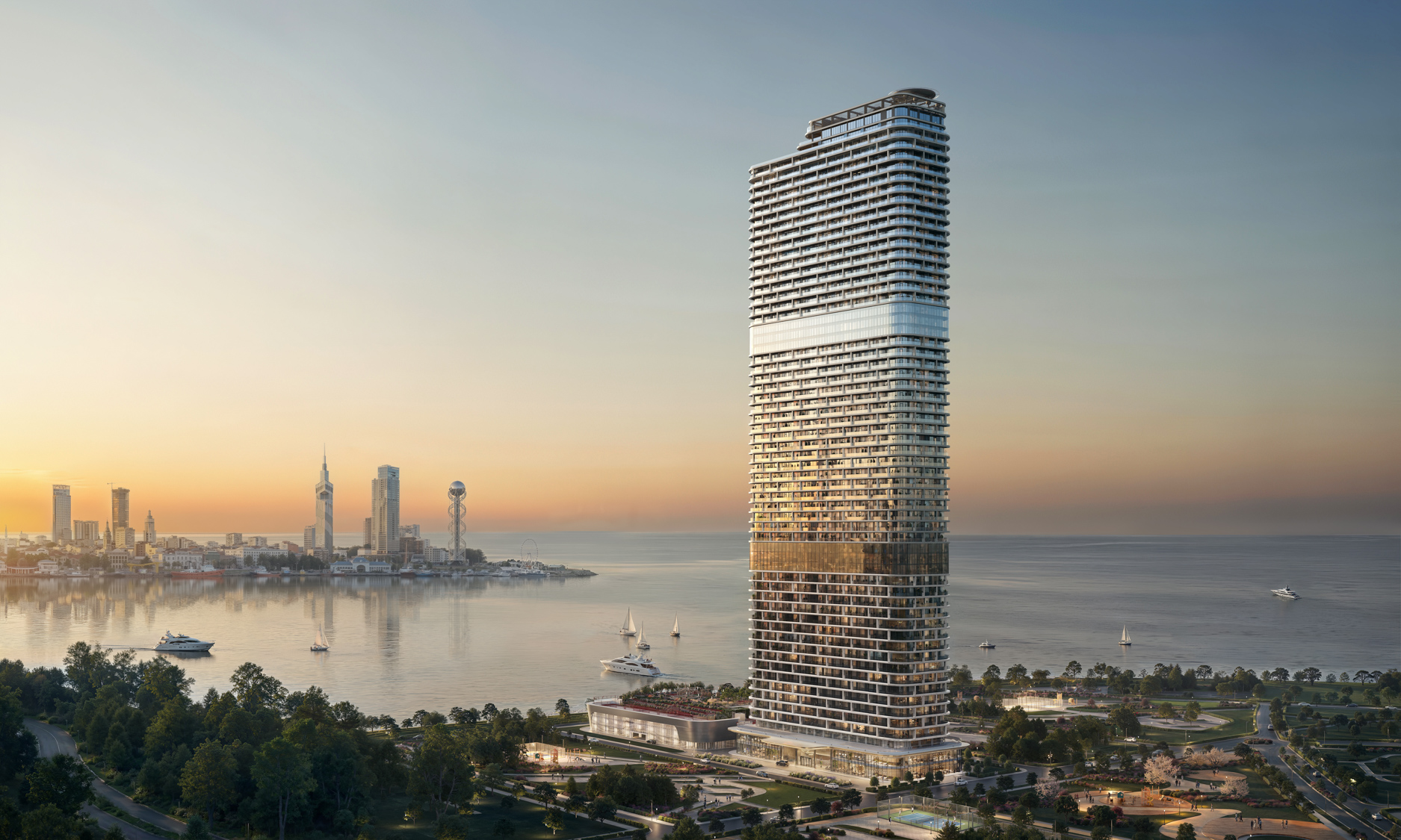 Ambassadori Island tower rendering at sunset with sailboat on the water - Batumi, Georgia
