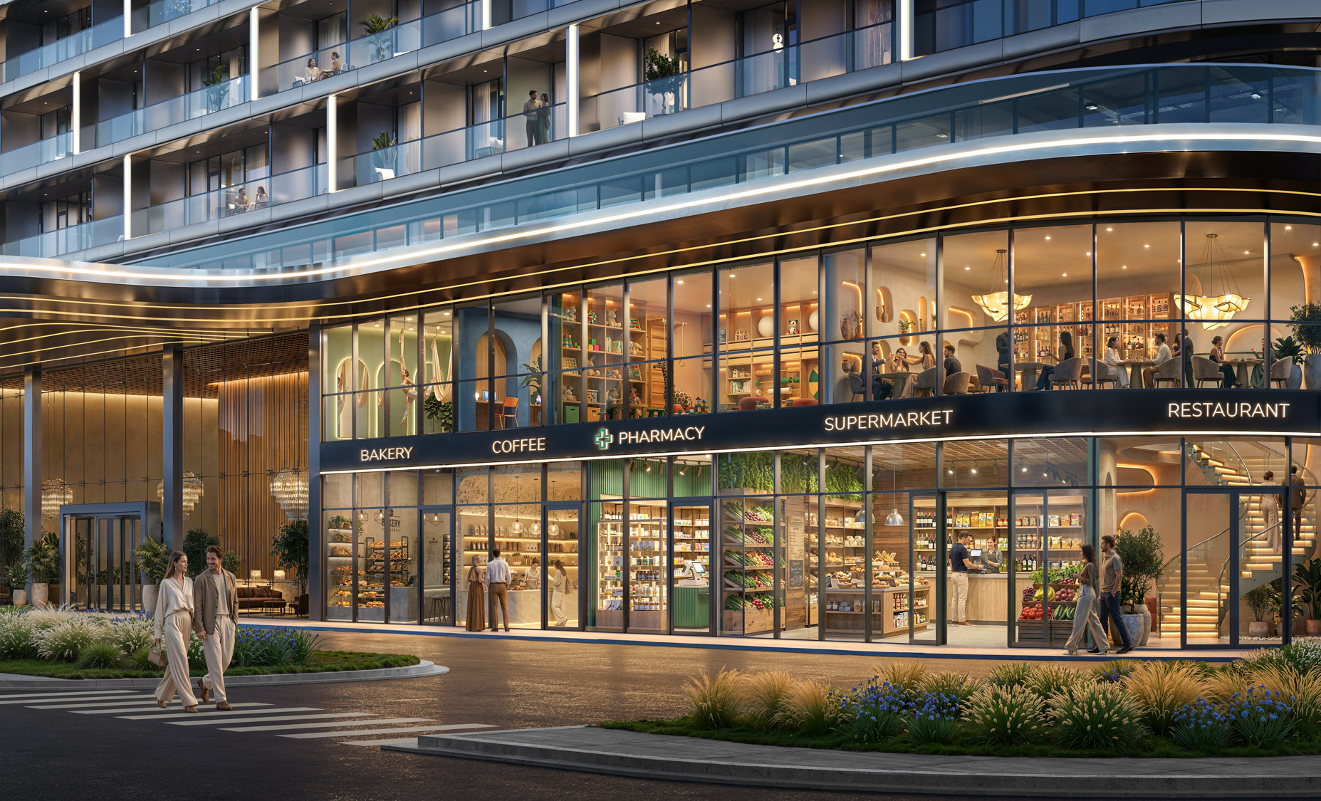  Ambassadori Island rendering of ground-floor retail space lit at dusk - Batumi, Georgia