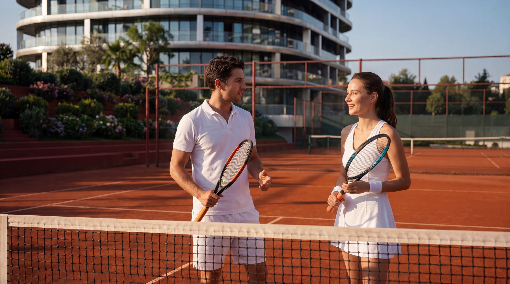 Ambassadori Island vibe shot of a couple chatting on the tennis court - Batumi, Georgia