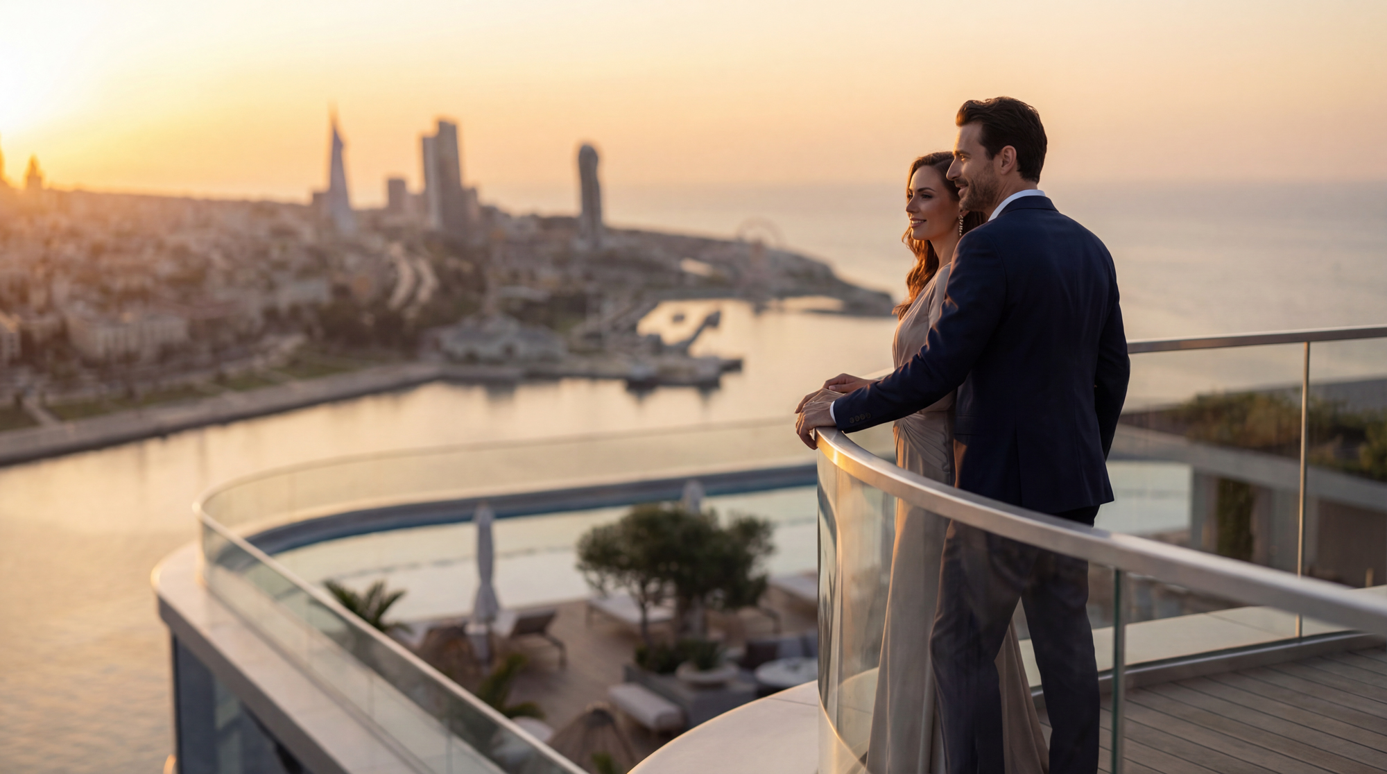 Ambassadori Island vibe shot of two men talking on a rooftop terrace - Batumi, Georgia