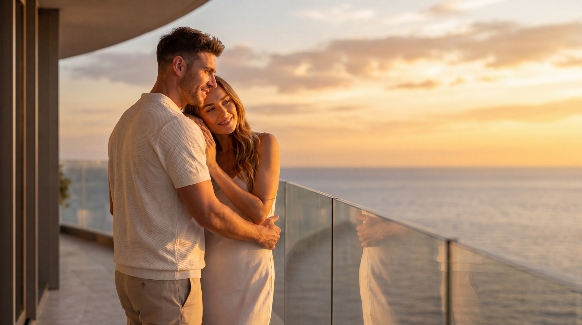 Ambassadori Island vibe shot of a couple embracing at sunset by the railing - Batumi, Georgia