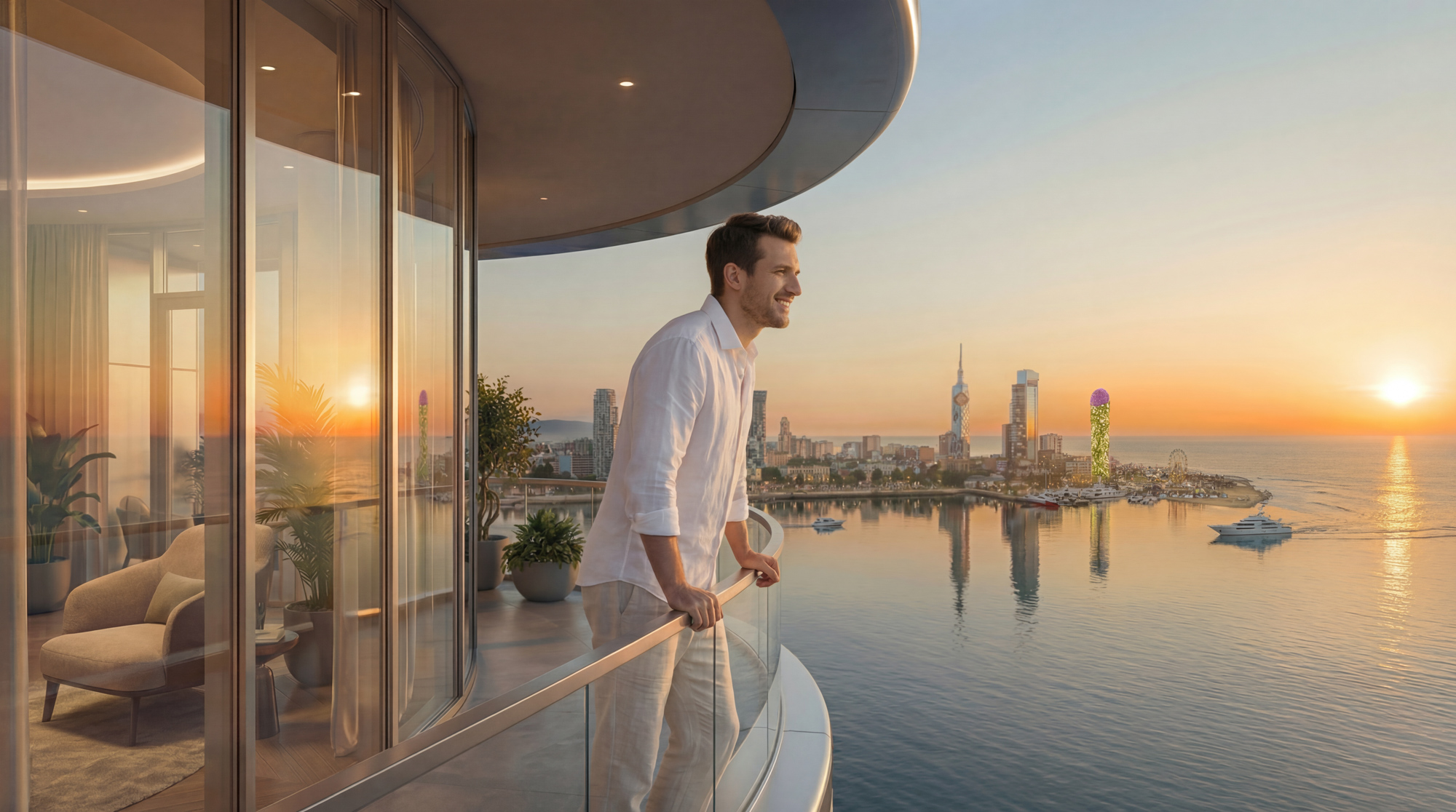 Ambassadori Island vibe shot of a resident on a balcony at sunset - Batumi, Georgia
