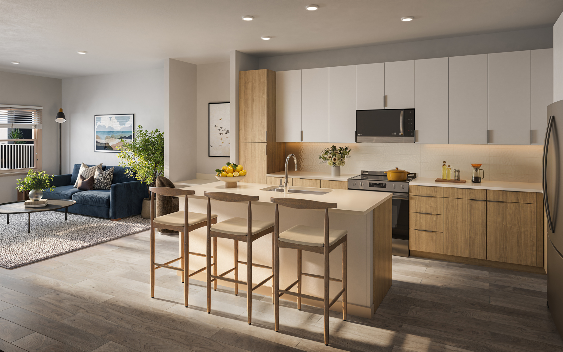 Halden interior rendering of the model unit kitchen and living area - Littleton, Colorado