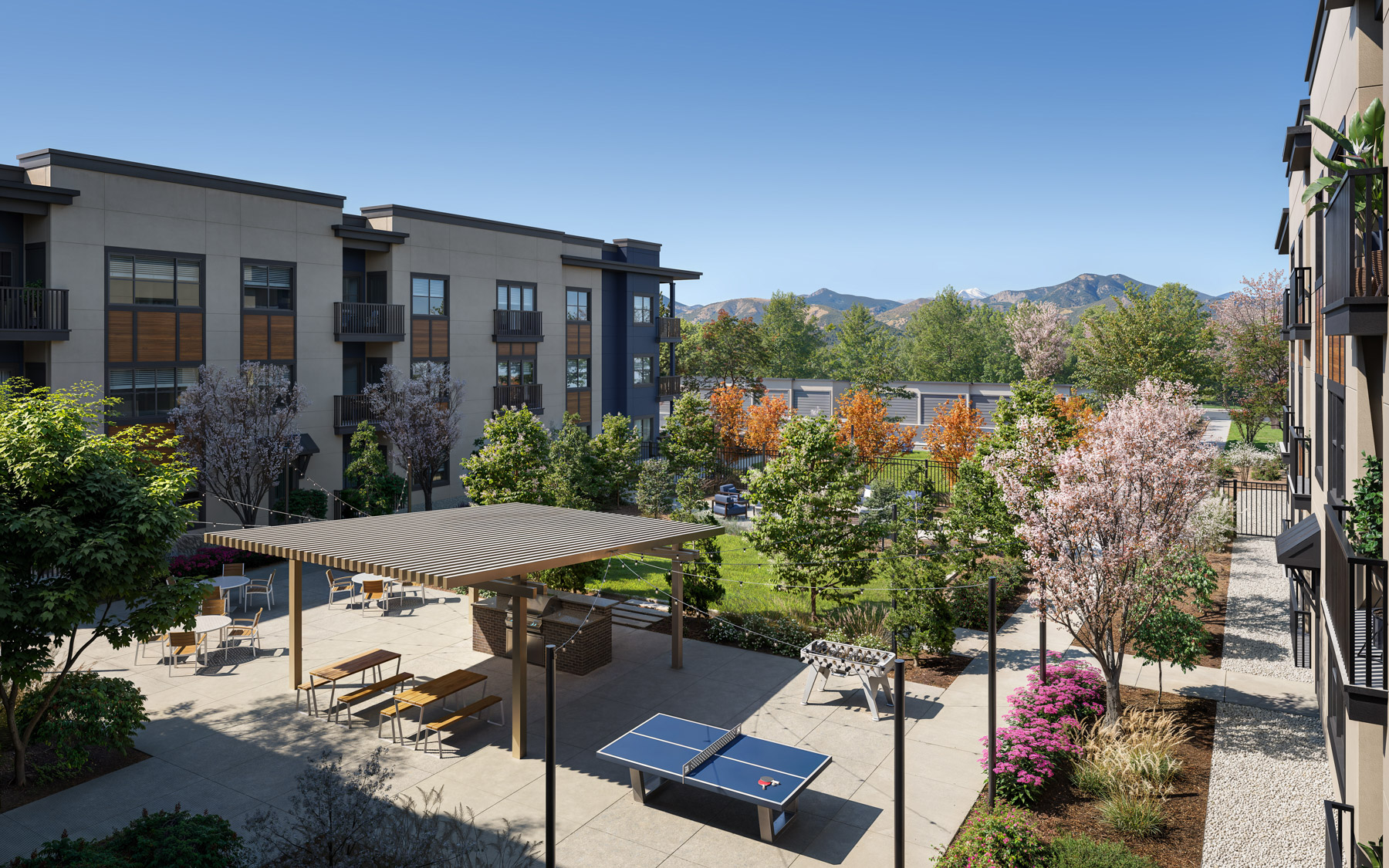 Halden aerial rendering of the courtyard with mature landscaping - Littleton, Colorado