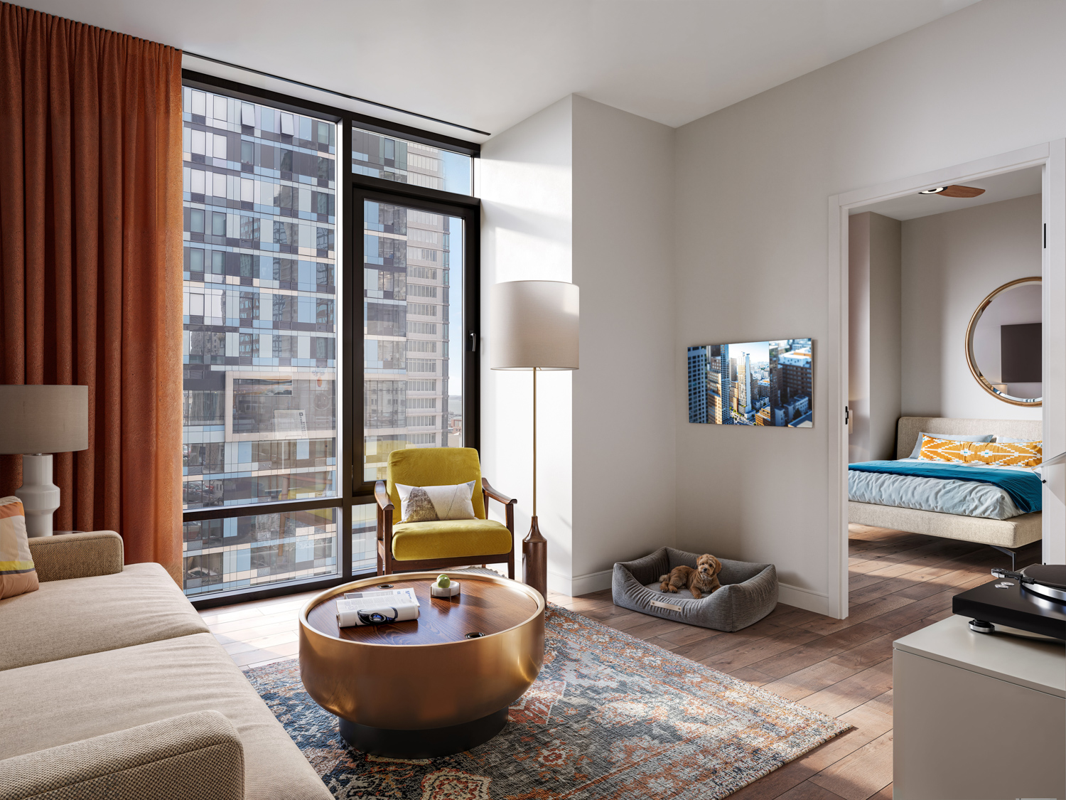 Willoughby interior rendering of the model unit living area - Brooklyn, New York
