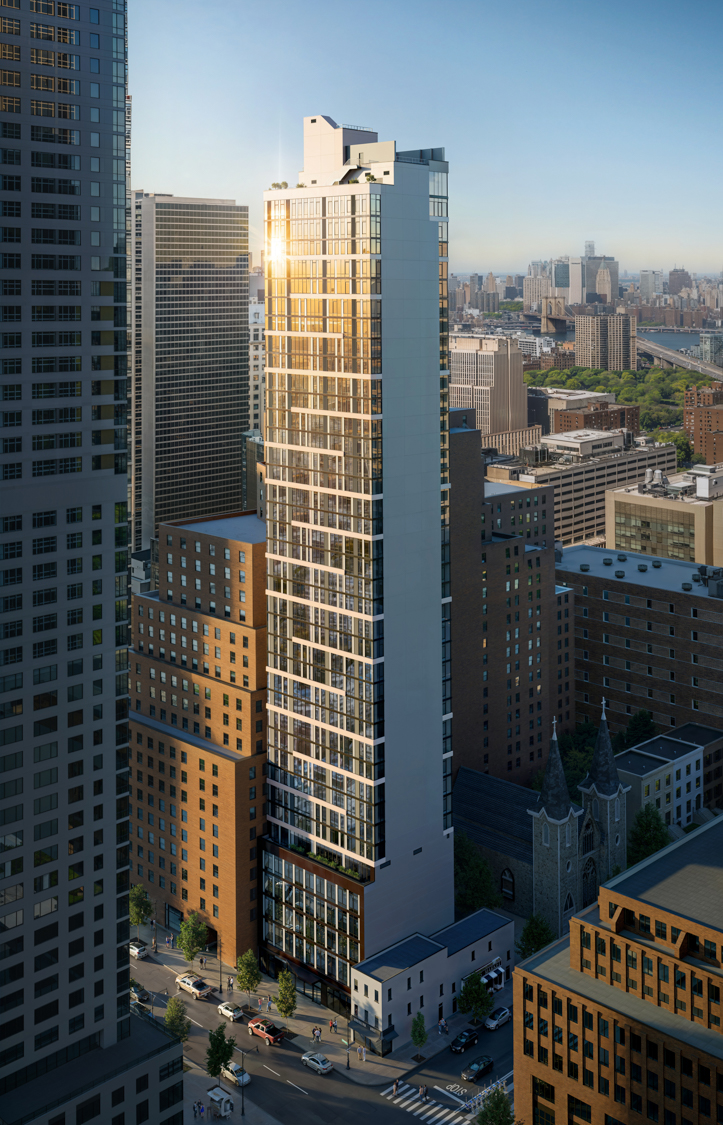 Willoughby exterior rendering of the tower at dusk - Brooklyn, New York