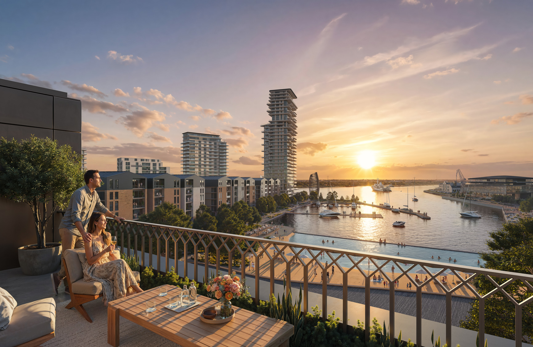 Riga Waterfront rendering of Building C2 along the waterfront at sunset - Riga, Latvia