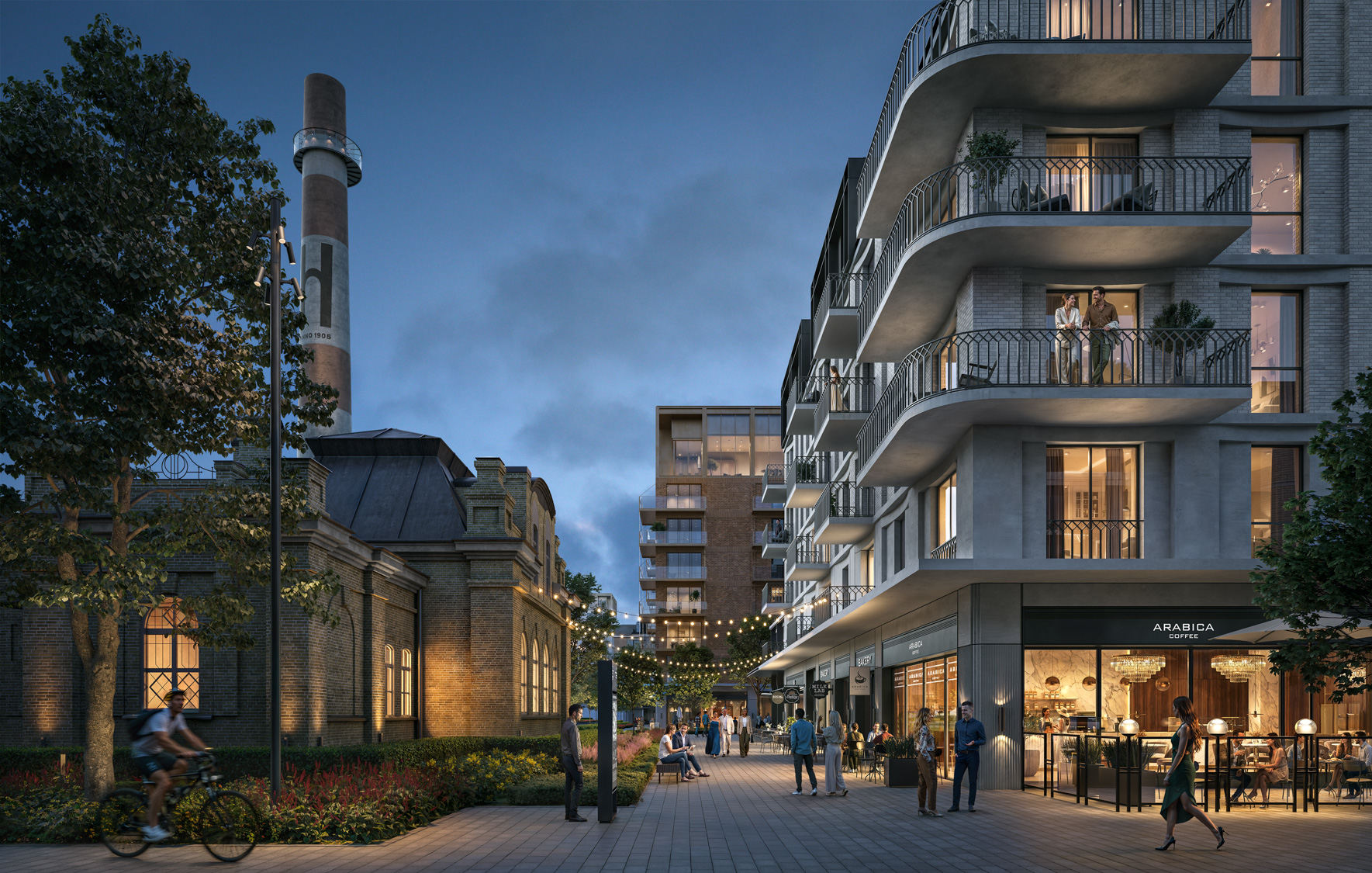 Riga Waterfront rendering of residents walking near the historic tower at dusk - Riga, Latvia