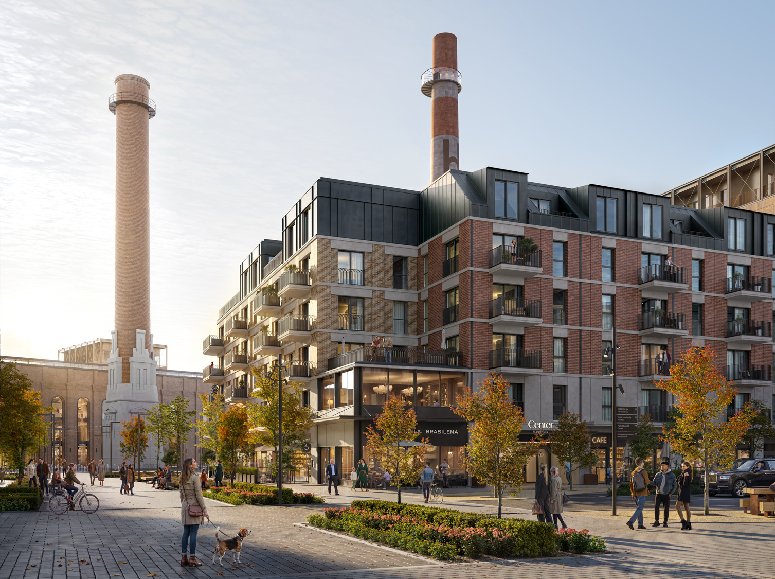 Riga Waterfront rendering of the historic chimney landmark within the district - Riga, Latvia