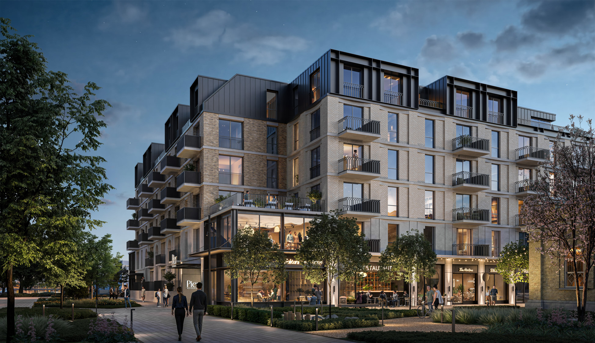 Riga Waterfront rendering of Building C2 among the tree-lined street - Riga, Latvia