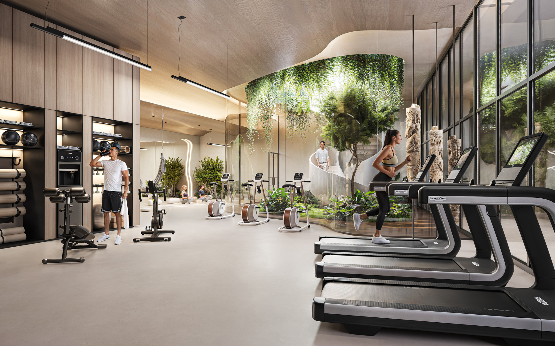 Modern apartment community fitness center with cardio equipment and large windows