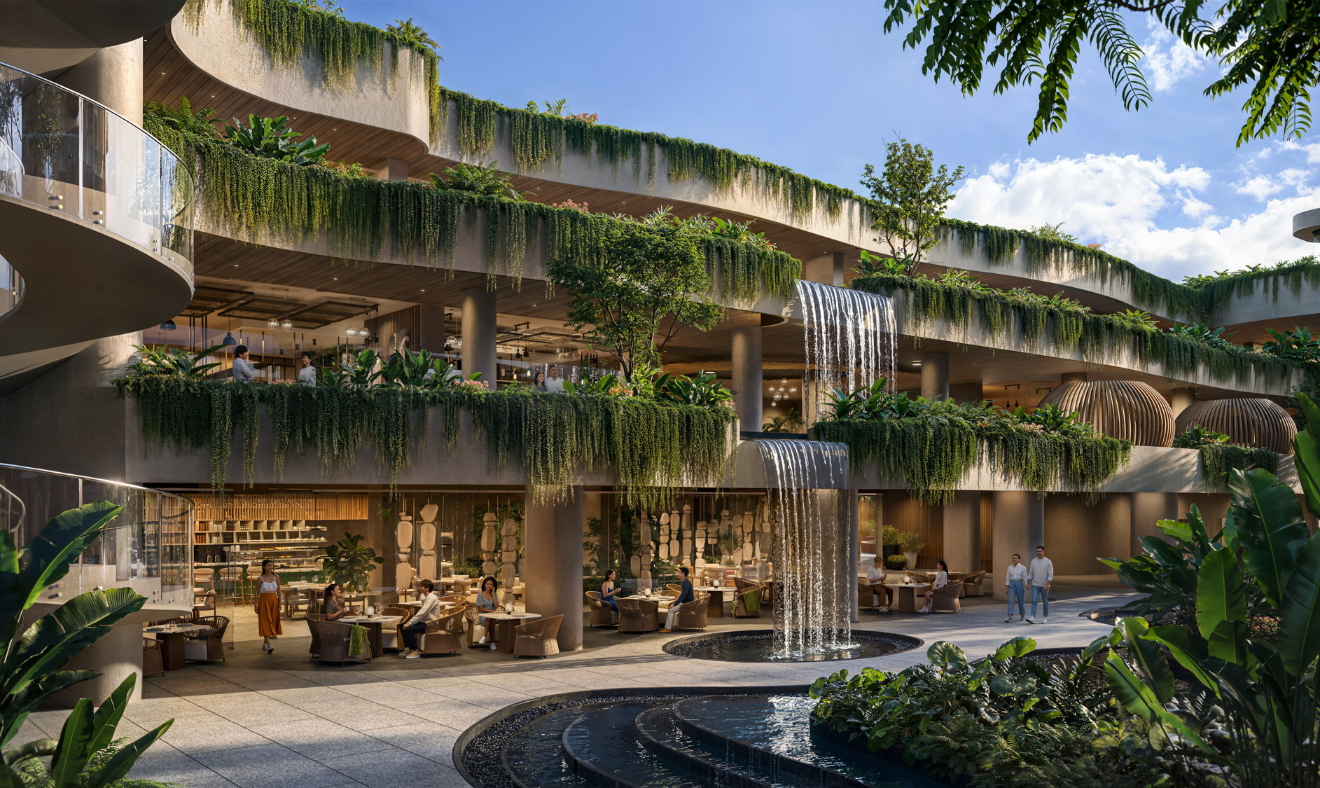 Outdoor retail and dining area at a modern apartment community with landscaped seating and people