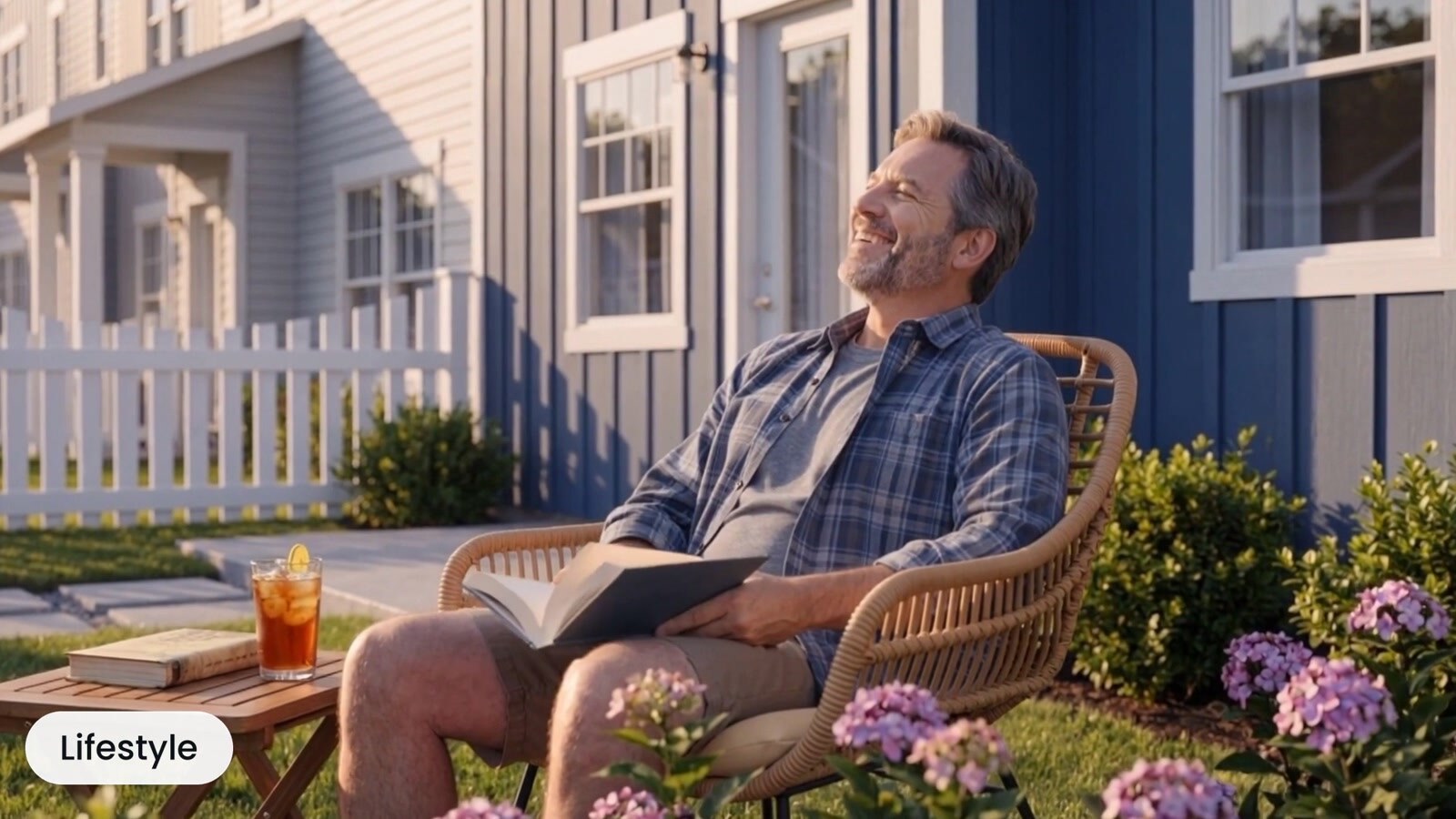 Senior resident relaxing with a drink outside a residential community