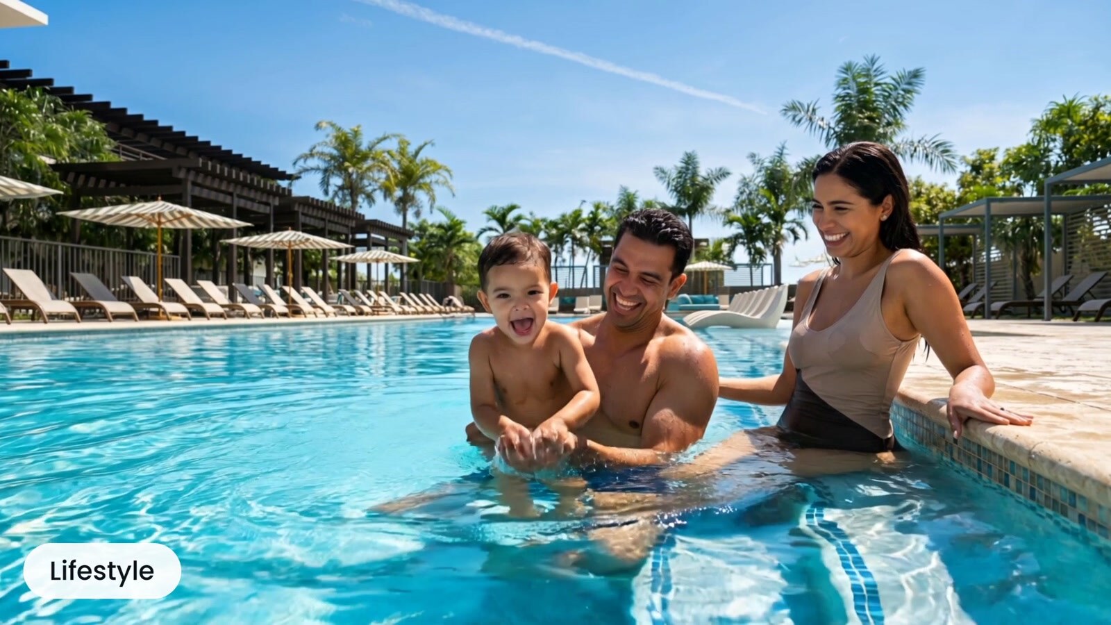 Family spending time together in a resort-style community pool
