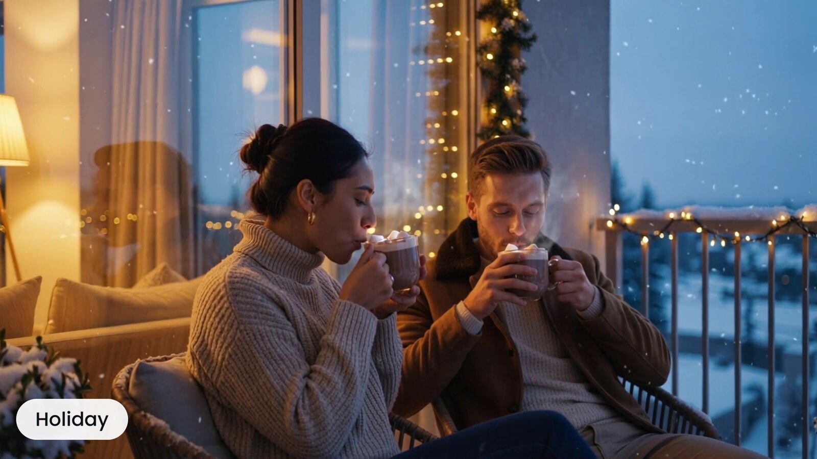Friends enjoying warm drinks in a festive apartment setting