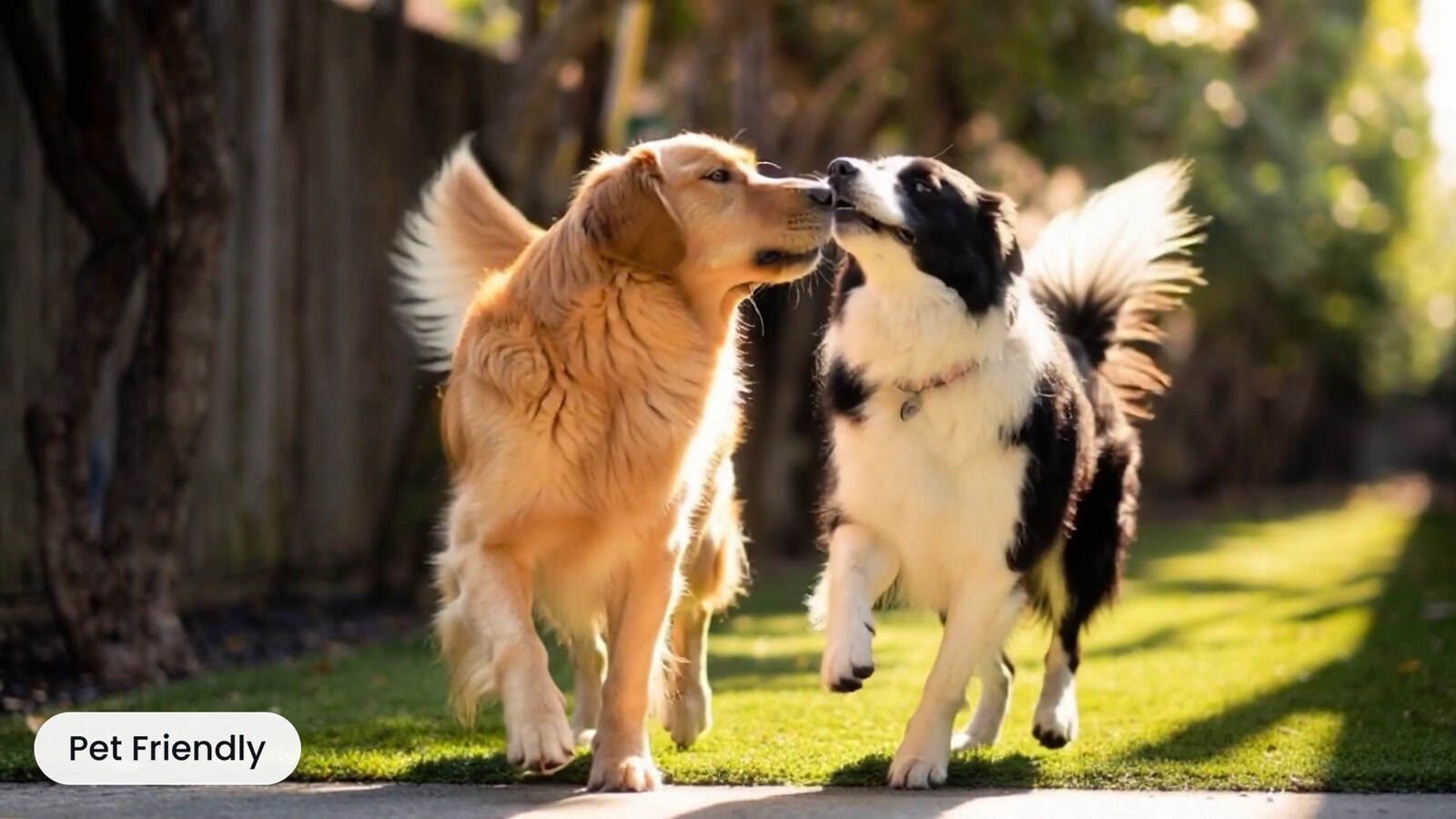 Two dogs playing together in a sunny landscaped courtyard