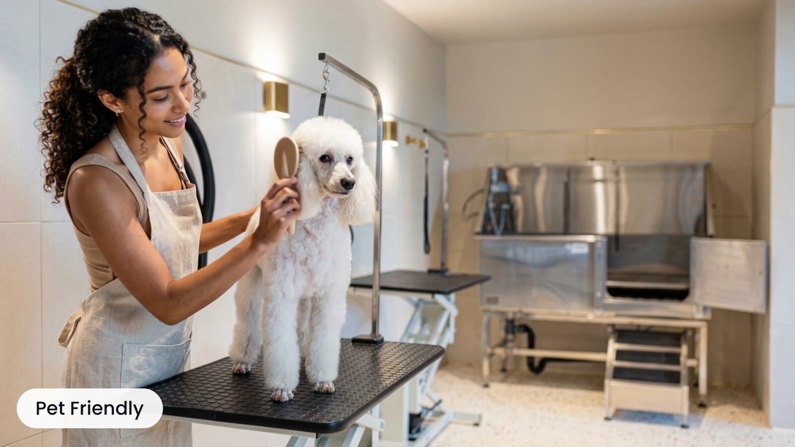 Resident grooming her dog in a community pet spa