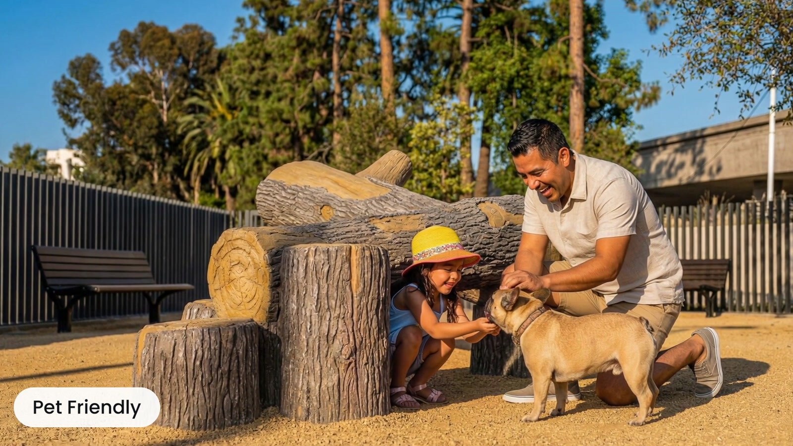 Father and child playing with their dog outdoors