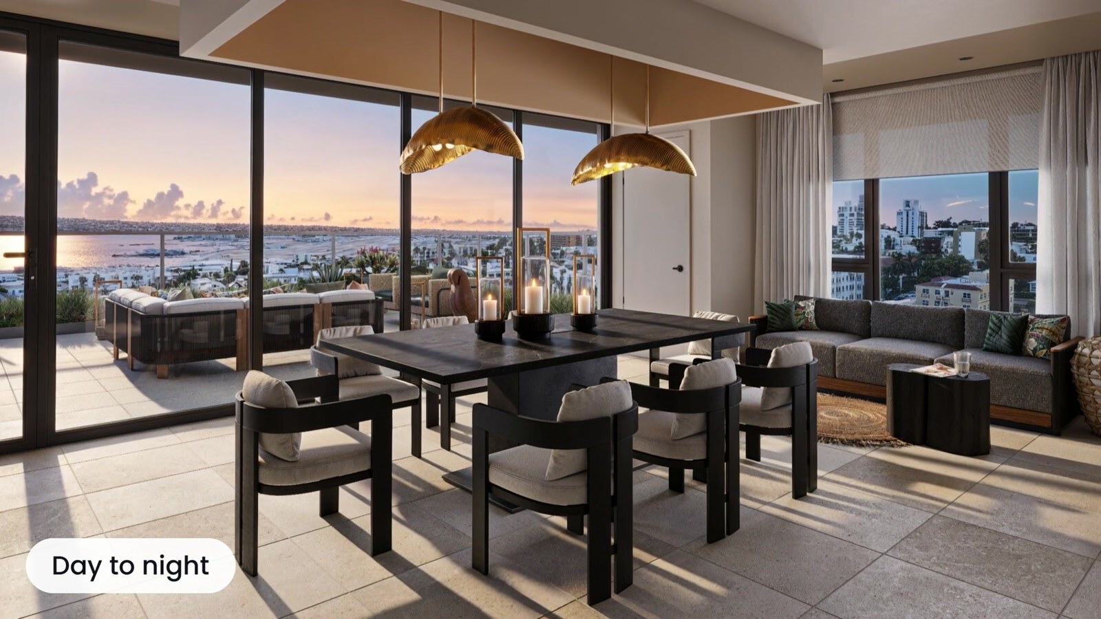 Modern apartment lounge overlooking the city at sunset