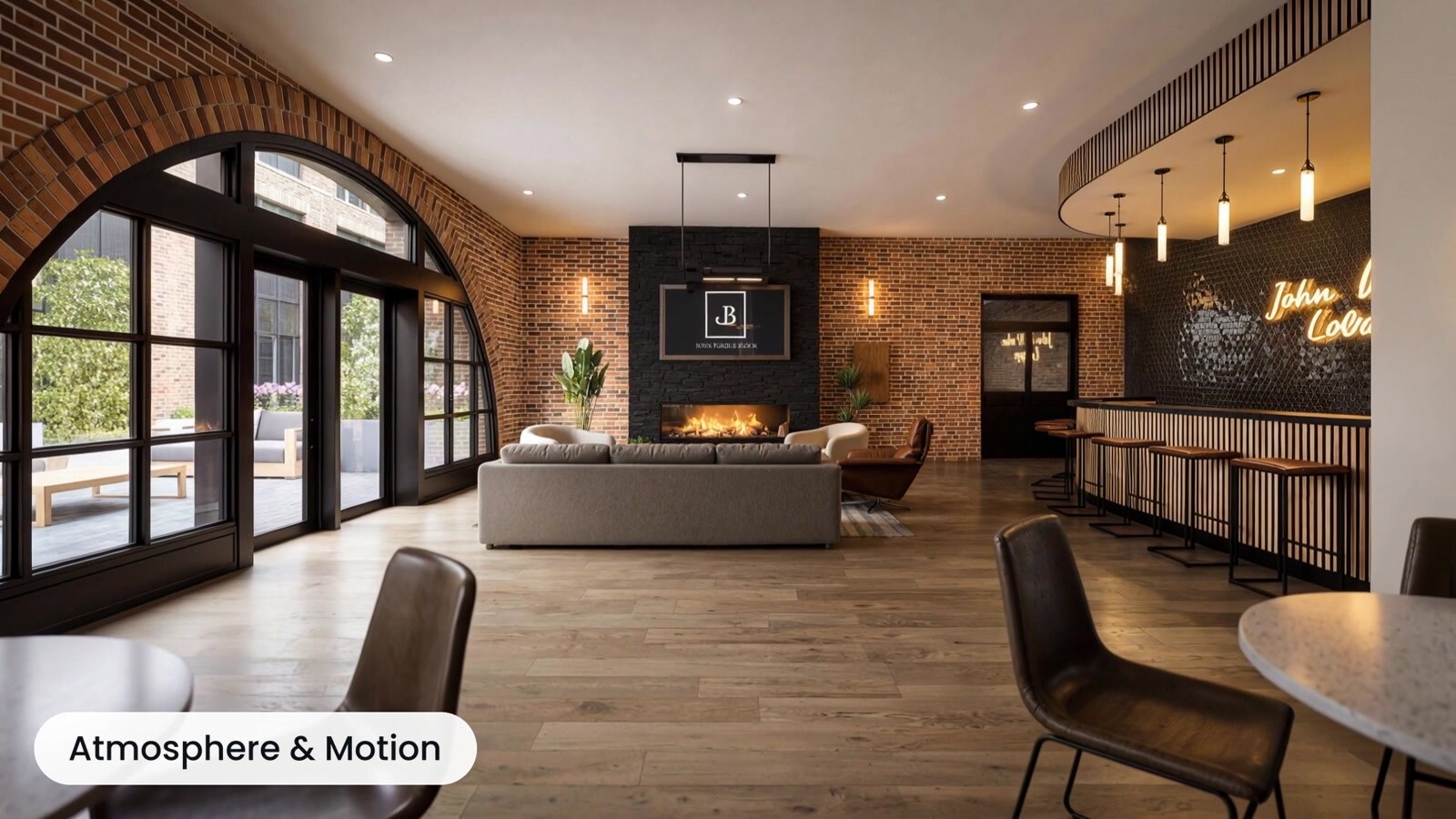 Welcoming residential lobby with lounge seating and warm lighting
