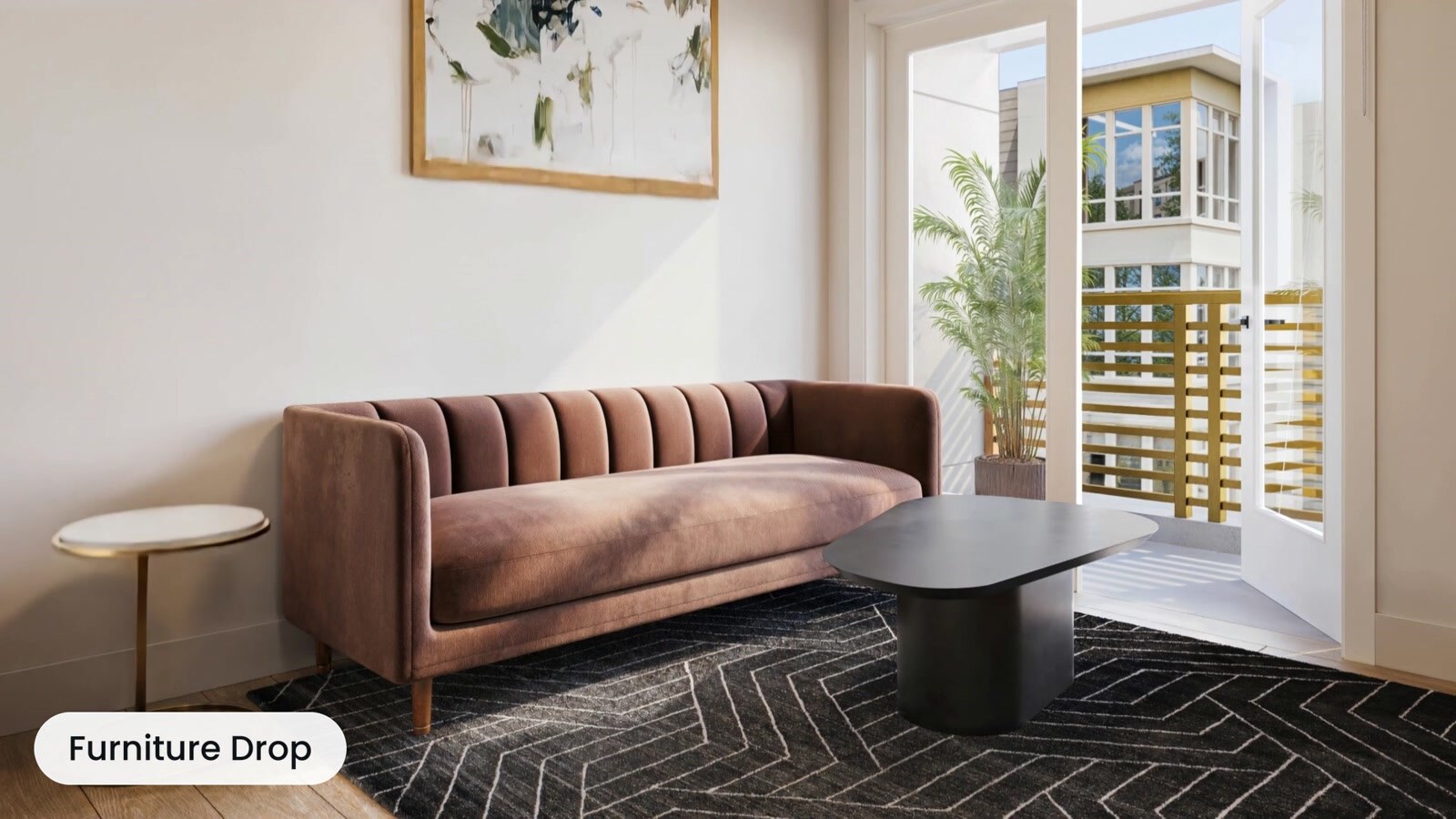 Modern living room staged with sofa, tables, and textured rug