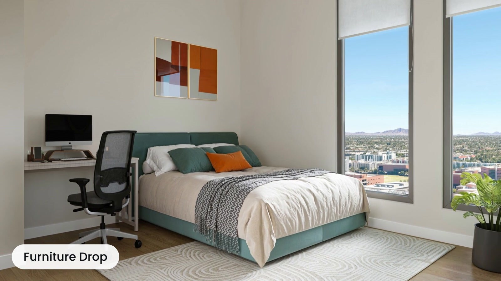 Bright apartment bedroom staged with contemporary furniture