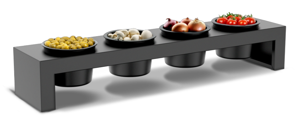 Modernes schwarzes Gewürzregal mit vier schwarzen Schalen, gefüllt mit Oliven, Pilzen, Zwiebeln und Kirschtomaten.