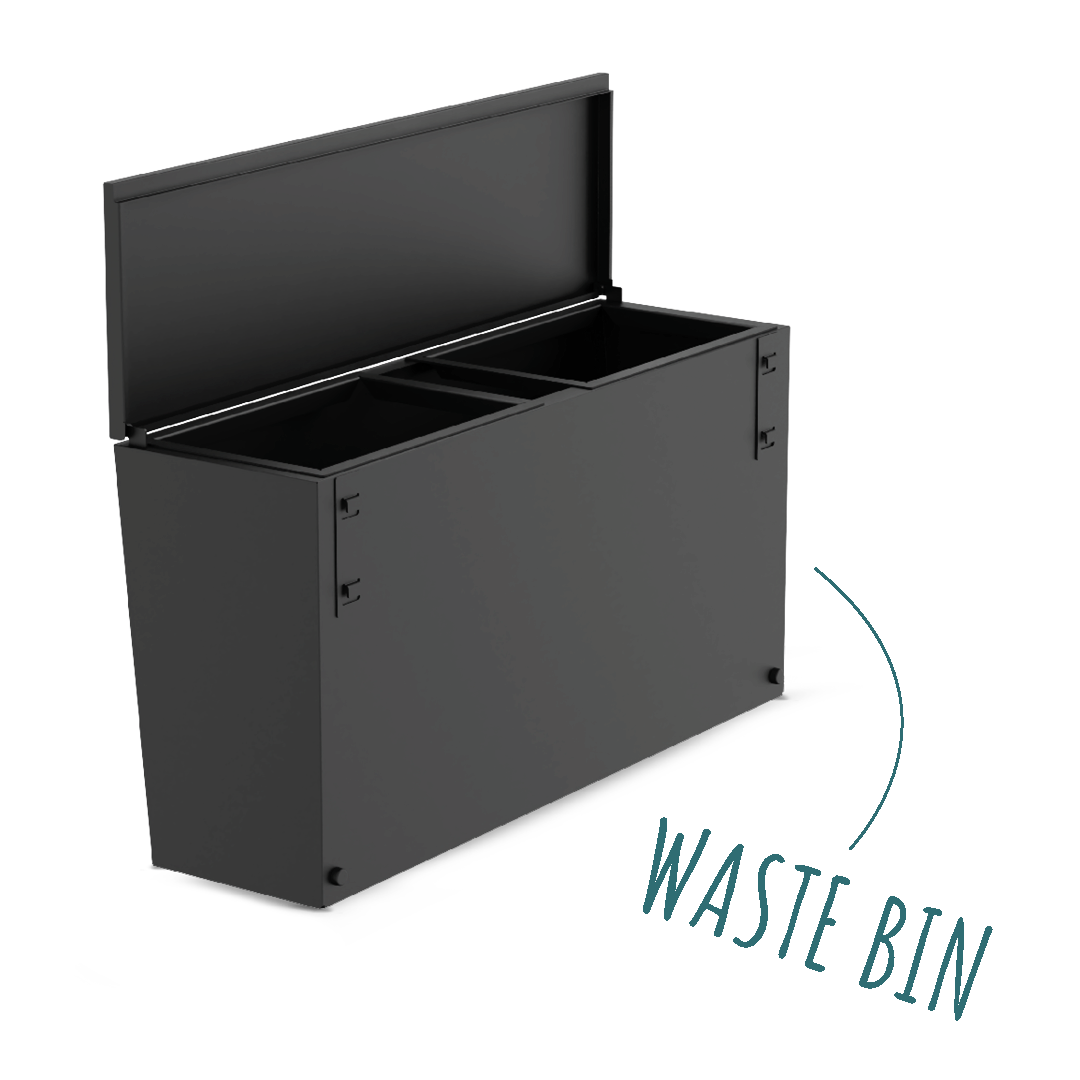 Schwarzer rechteckiger Abfallbehälter mit offenem Klappdeckel und zwei Innenfächern.