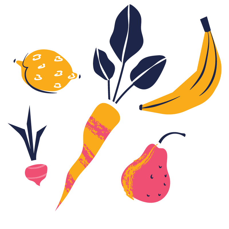 Colorful illustrated fruits and vegetables including banana, carrot, pear, lemon, and radish in playful sticker-style art