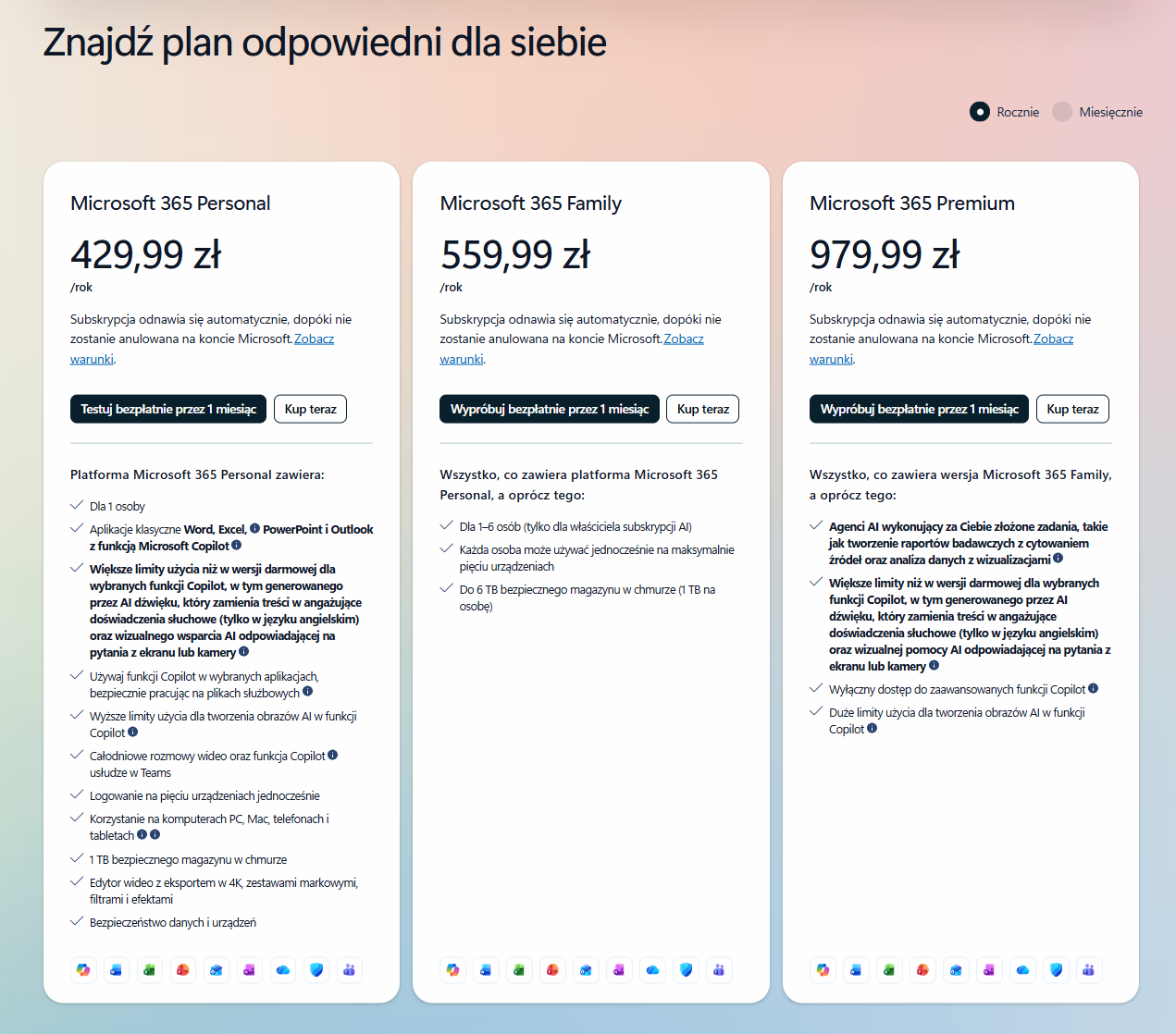 Plany Microsoft 365 z funkcjami Copilot AI - Personal, Family i Premium z cenami rocznymi