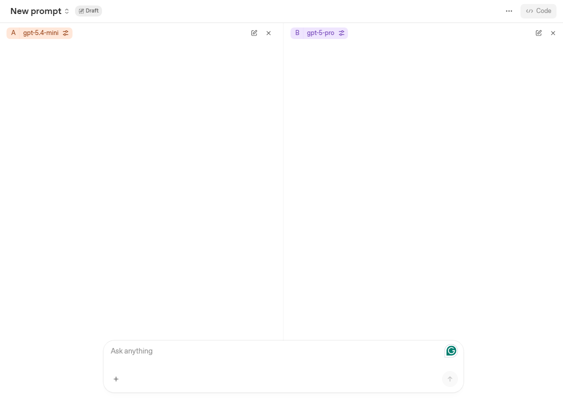 Tryb Compare w OpenAI Playground z dwiema kolumnami A i B ustawionymi na różne modele, do porównania odpowiedzi na ten sam prompt