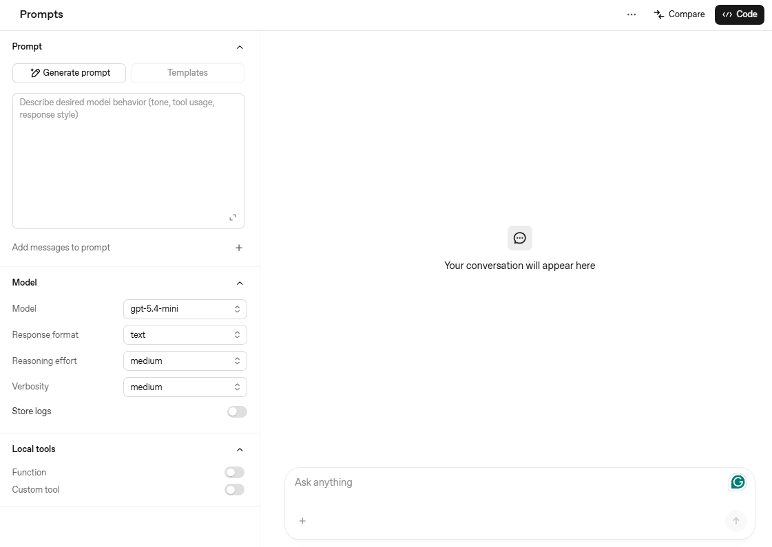 Interfejs OpenAI Playground z panelem ustawień modelu po lewej - wybór modelu, response format, reasoning effort i verbosity