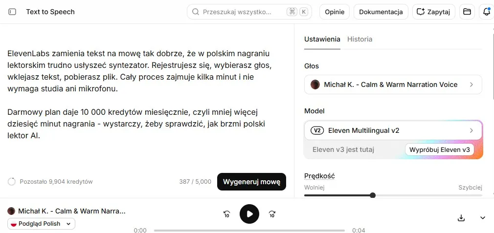 Panel ElevenLabs z polskim tekstem w module Text to Speech