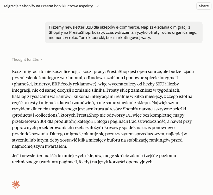Rozmowa z Claude: prośba o cztery zdania do newslettera B2B o migracji z Shopify na PrestaShop i odpowiedź omawiająca koszty, czas wdrożenia, ryzyko utraty ruchu organicznego i optymalny moment w roku