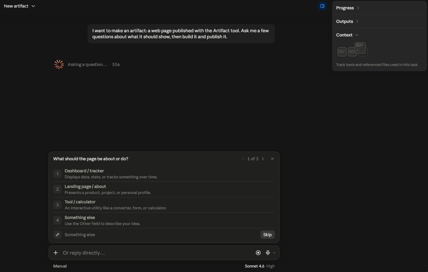 Interfejs tworzenia artefaktu w Claude: prompt o zbudowanie i opublikowanie strony, pod nim lista opcji do wyboru (dashboard, landing page, kalkulator), po prawej panel z postępem i kontekstem zadania