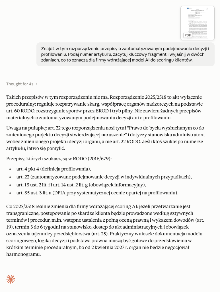 Claude analizuje wgrany PDF rozporządzenia UE 2025/2518: w promcie miniatura dokumentu i pytanie o przepisy o profilowaniu, w odpowiedzi wyjaśnienie, że akt ich nie zawiera, i wskazanie właściwych artykułów RODO