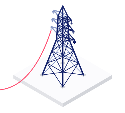 Isometric illustration of the grid connection stage of an SMR programme, a transmission pylon receiving the plant's power export.