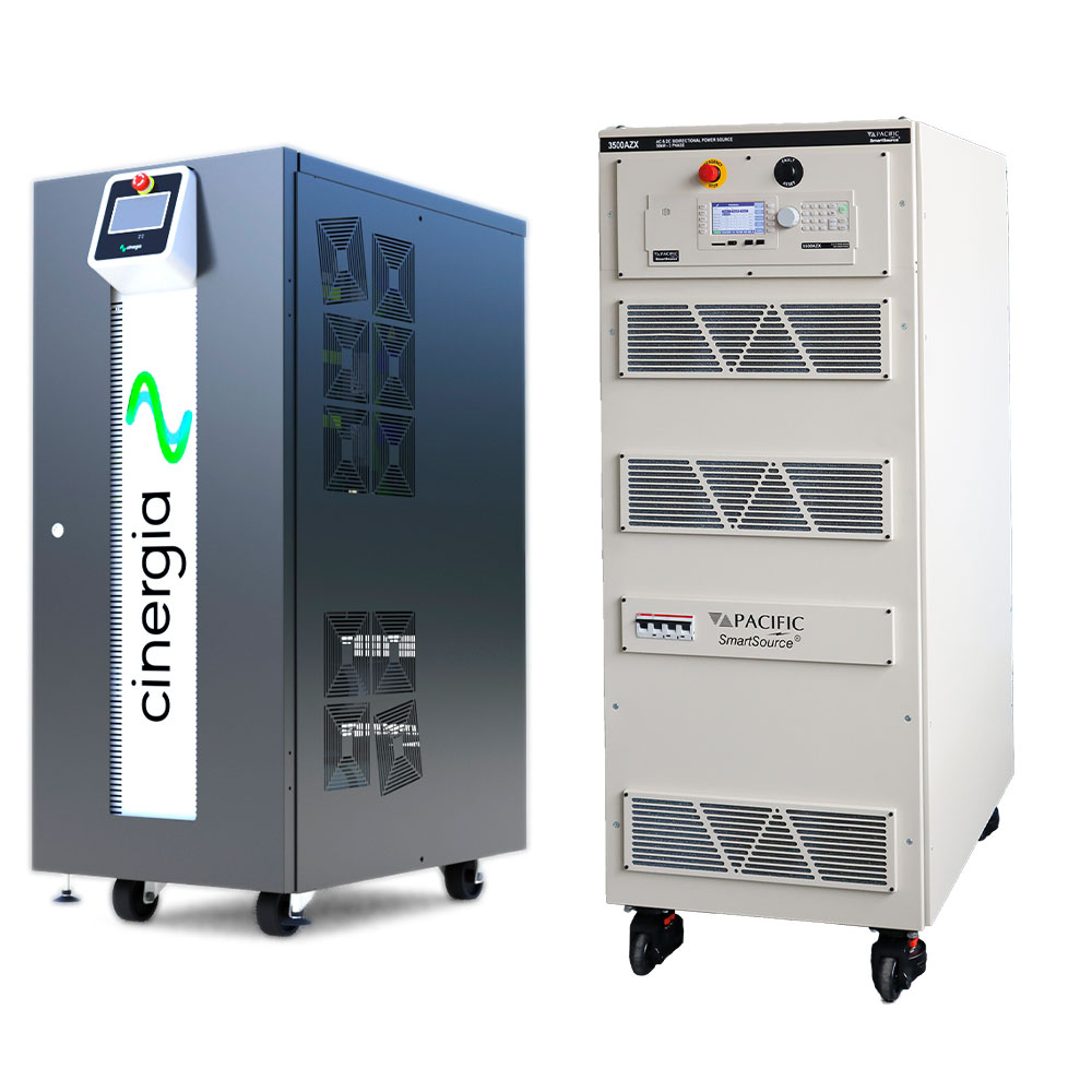 Cinergia grid emulator cabinet and a Pacific Power Source AZX Series regenerative AC and DC power source