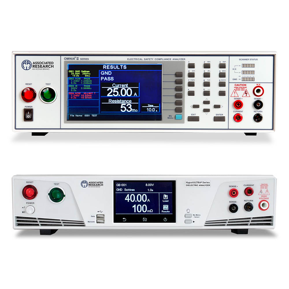 Associated Research OMNIA II electrical safety compliance analyser above a HypotULTRA dielectric analyser
