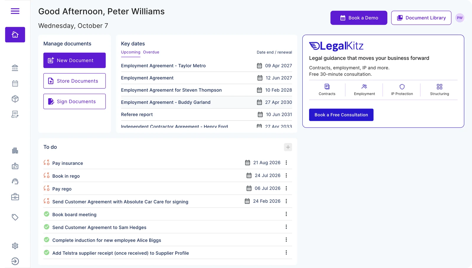 Business Kitz dashboard with documents, key dates, to-dos and Legal Kitz support in one view