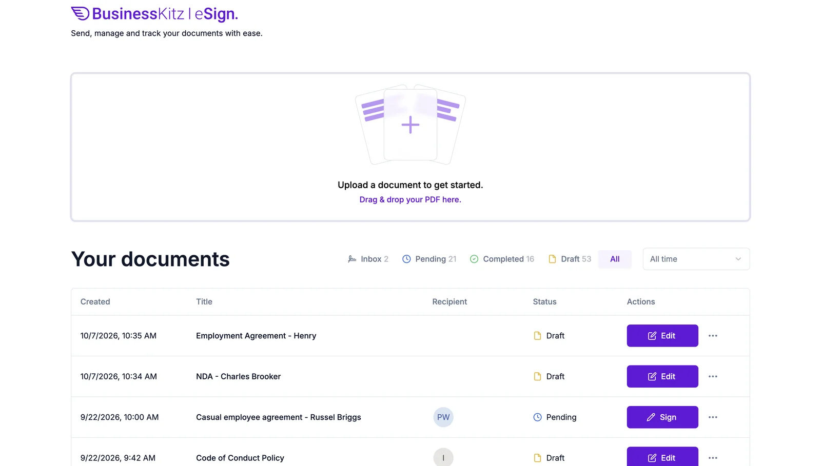 Business Kitz eSign dashboard listing documents by draft, pending and completed status