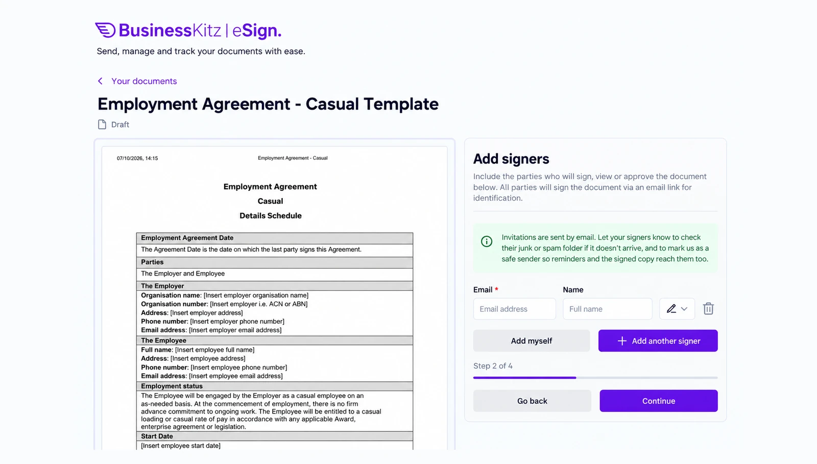 Business Kitz eSign adding signers to an employment agreement for electronic signature
