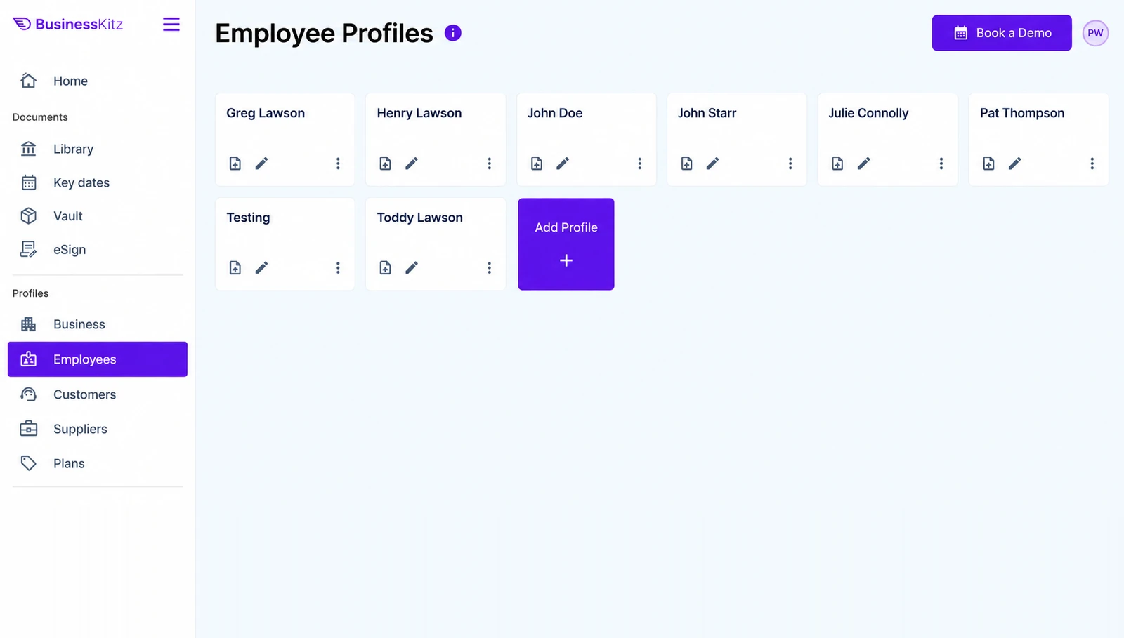 Business Kitz Employee Profiles listing each team member's profile