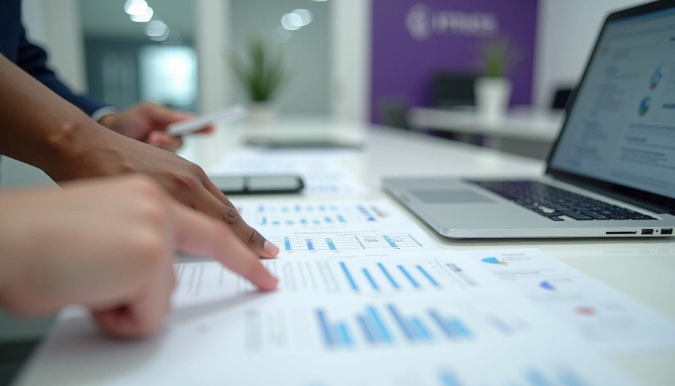 Team reviewing business proposal components and charts