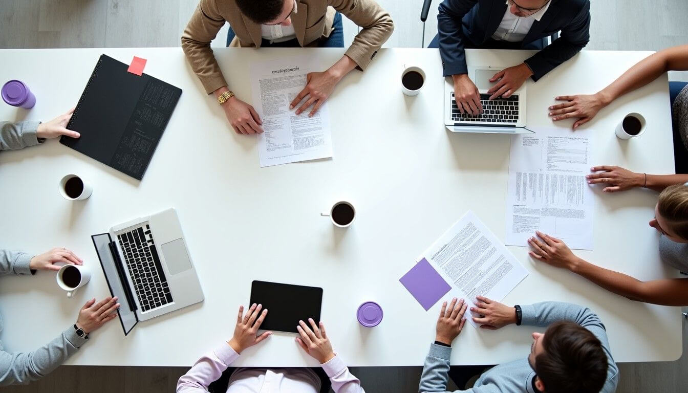Business team collaborating on proposal strategy