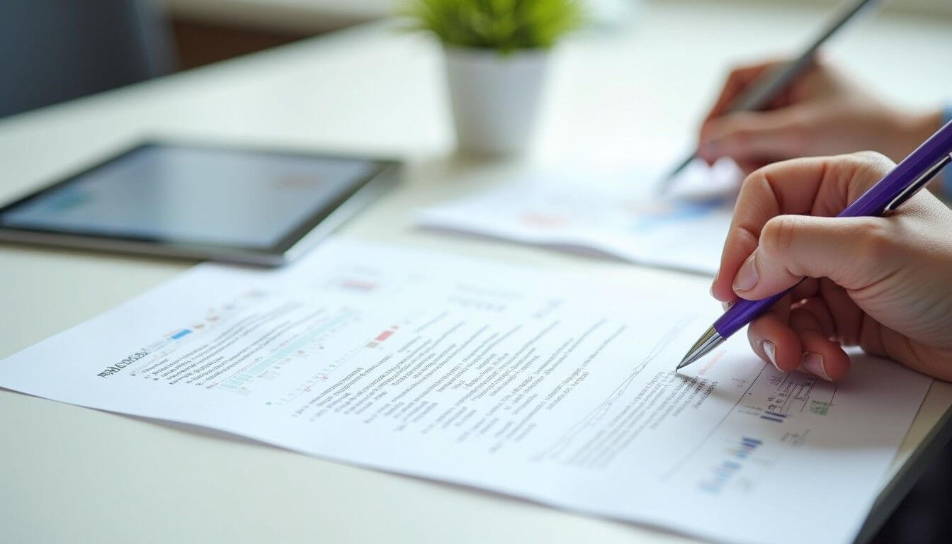Organised proposal document with structured sections on professional desk