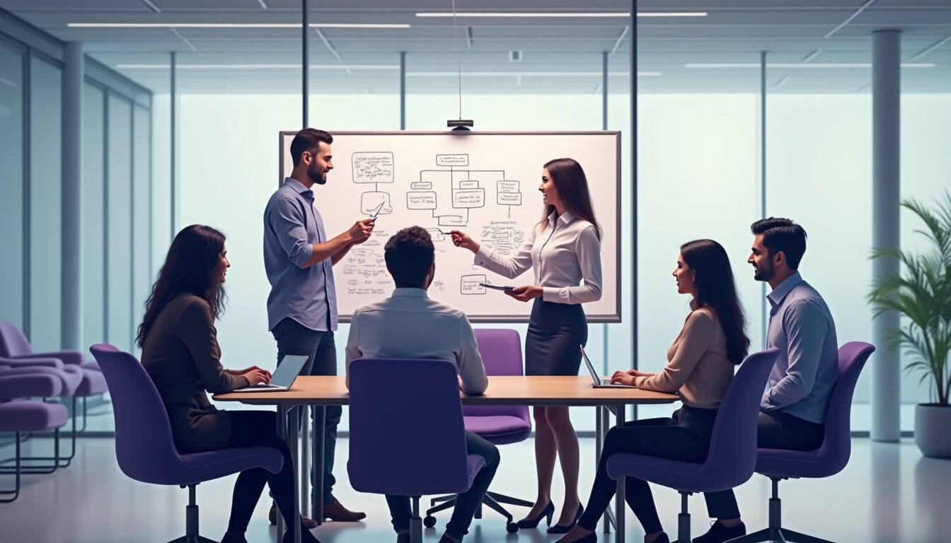 Team collaborating on organisational role clarity in meeting room.