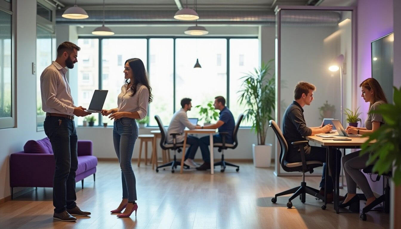 Diverse professionals working in modern flexible office environment.
